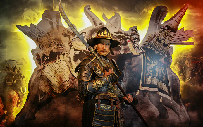 Wax figure of a warrior in traditional armor at Madame Tussauds Bangkok.