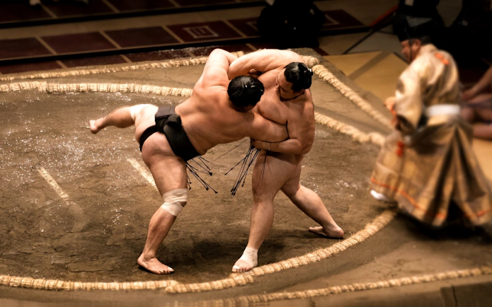 Sumo wrestlers competing in the Tokyo Grand Sumo Tournament, Sumida, Tokyo.