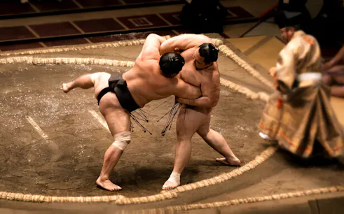 Sumo wrestlers competing in the Tokyo Grand Sumo Tournament, Sumida, Tokyo.
