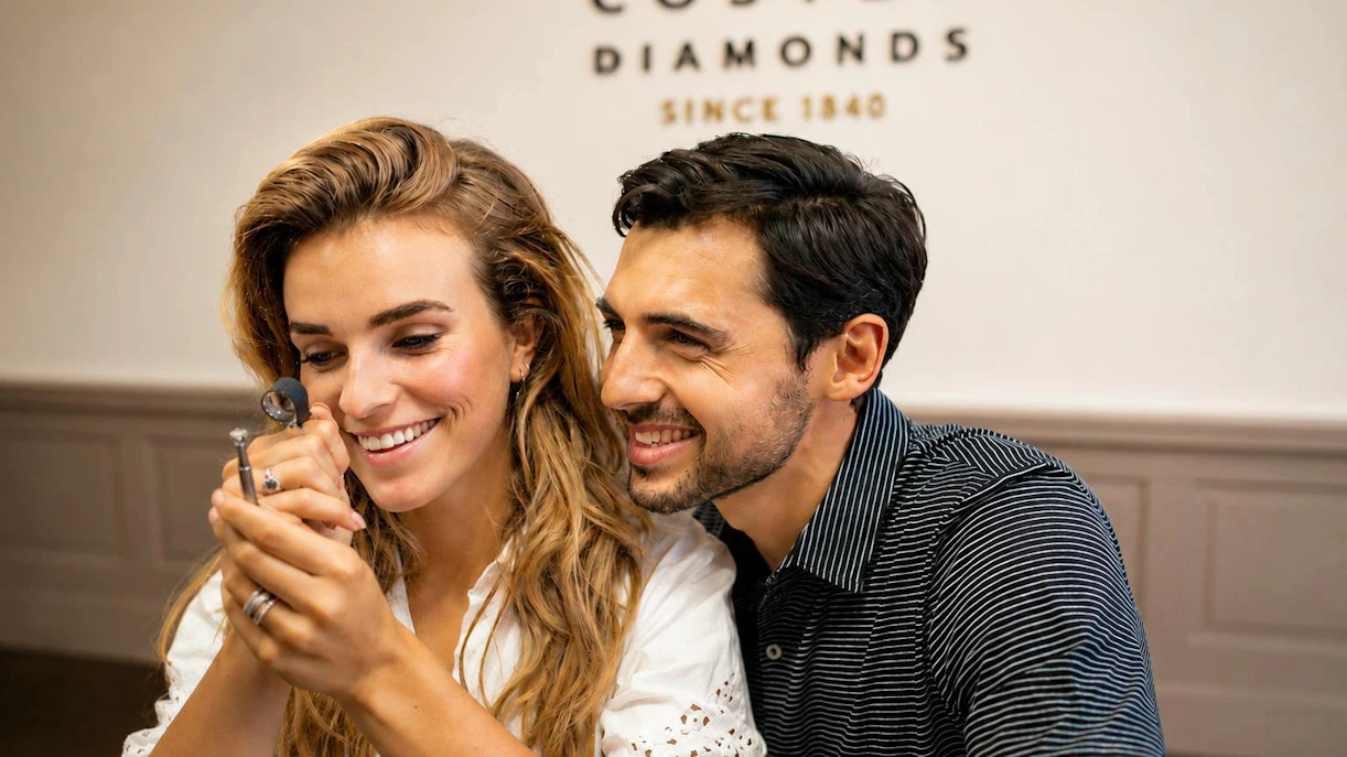 Visitors examining diamonds at Coster Diamonds, Amsterdam's historic factory.