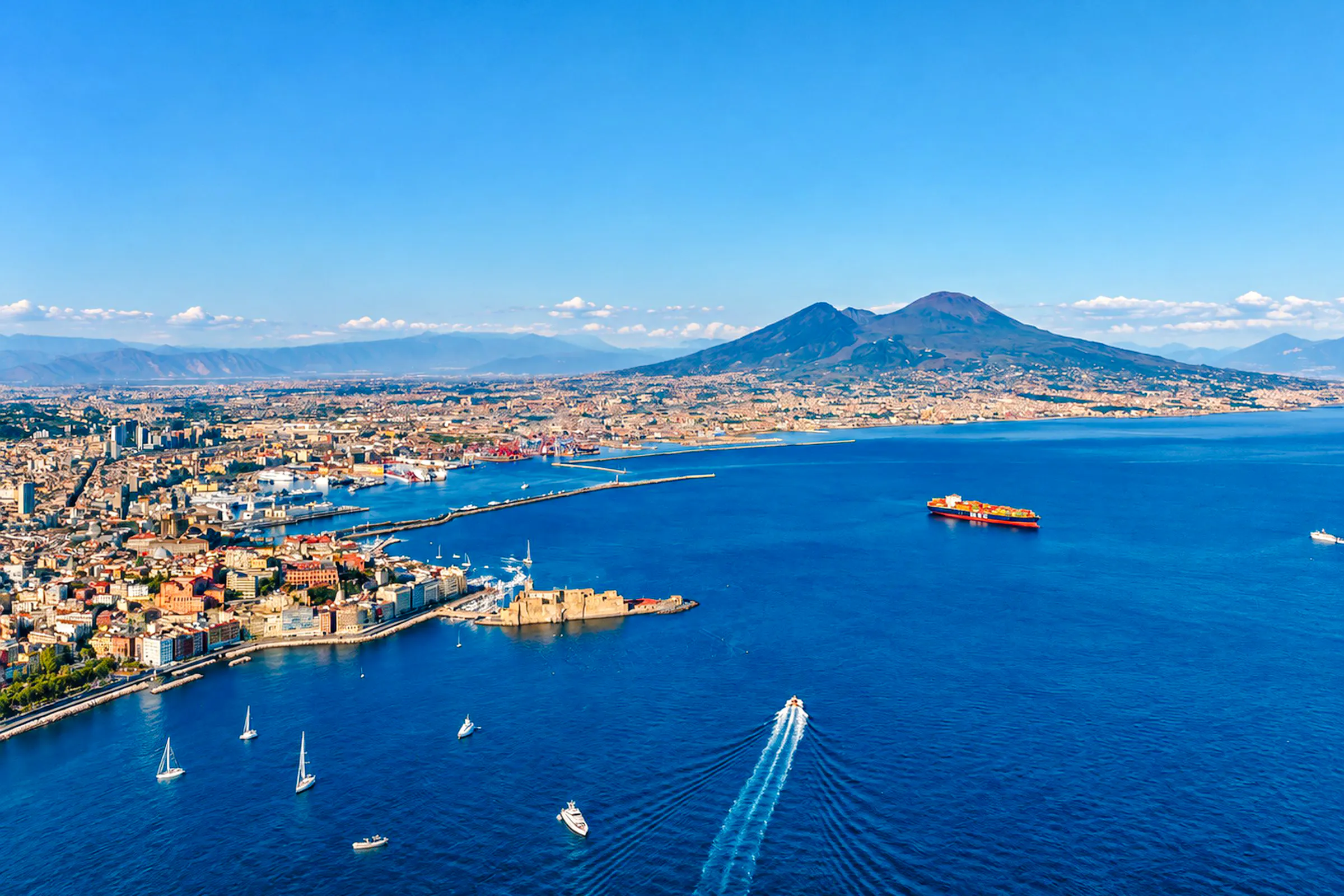 Aerial view of Naples coastline with boats heading towards Capri, featuring Mount Vesuvius in the background.