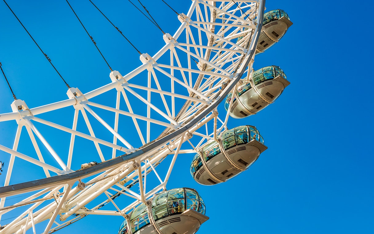 London Eye capsules against a clear blue sky.