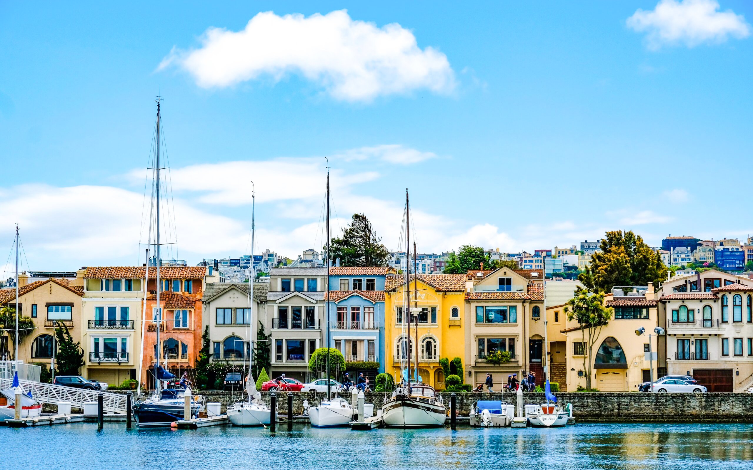 Colorful houses and sailboats in the Marina District of San Francisco.