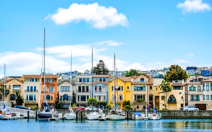 Colorful houses and sailboats in the Marina District of San Francisco.