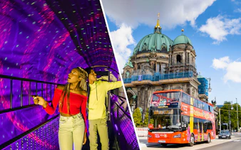 Illuseum Berlin exhibit with visitors and Berlin Cathedral with hop-on hop-off bus.
