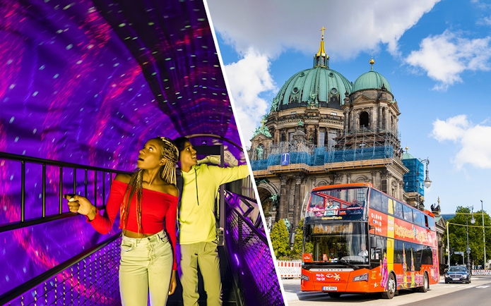 Illuseum Berlin exhibit with visitors and Berlin Cathedral with hop-on hop-off bus.