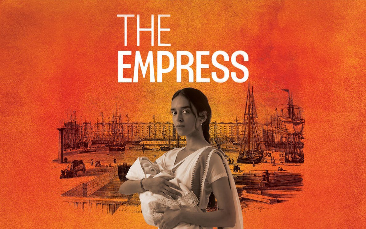 Woman holding a baby with historical port backdrop, titled "The Empress".