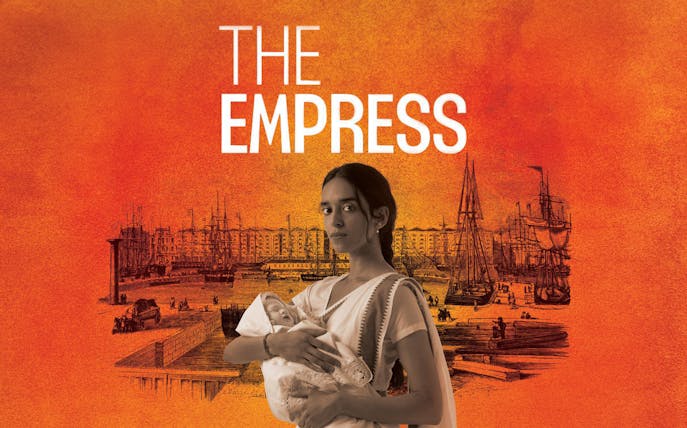 Woman holding a baby with historical port backdrop, titled "The Empress".