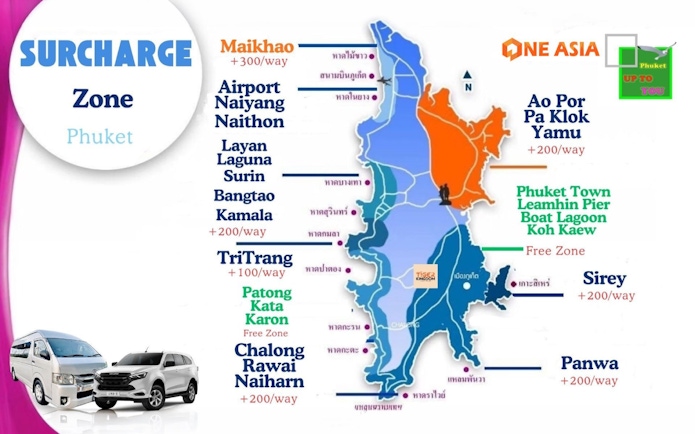 Phuket surcharge zones map with fees for Maikhao, Naiyang, Kamala, and other areas.
