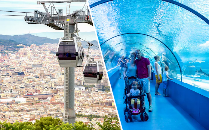 Montjuic cable car over Barcelona cityscape and family in Barcelona Aquarium tunnel.