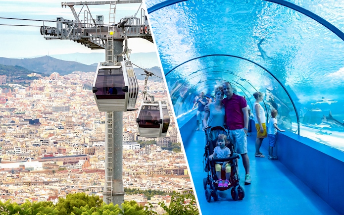 Montjuic cable car over Barcelona cityscape and family in Barcelona Aquarium tunnel.