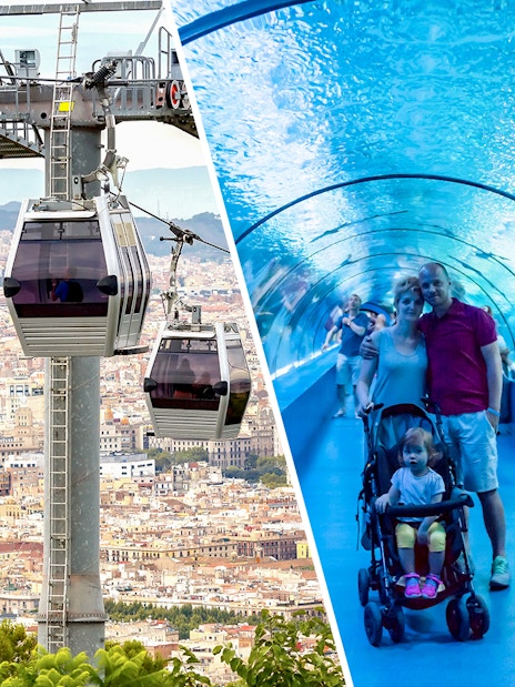 Montjuic cable car over Barcelona cityscape and family in Barcelona Aquarium tunnel.