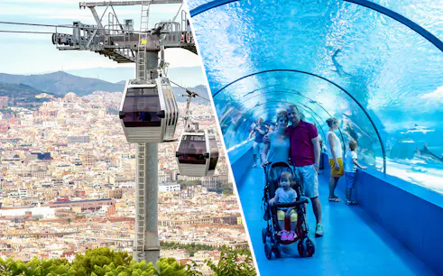 Montjuic cable car over Barcelona cityscape and family in Barcelona Aquarium tunnel.