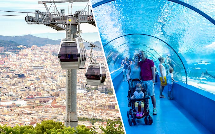 Montjuic cable car over Barcelona cityscape and family in Barcelona Aquarium tunnel.