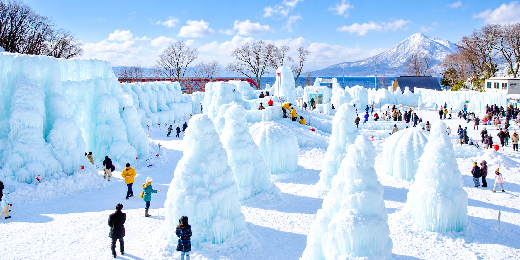 Ice sculptures at Sapporo festival with Mt. Moiwa in background, Hokkaido tour.