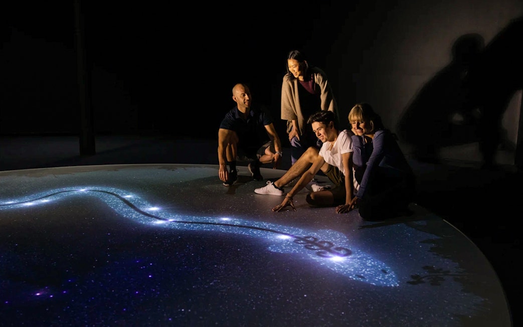 Group exploring star map at Dark Sky Indoor Cultural Astronomy Experience.