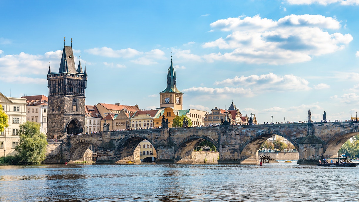 Scenic view of Charles Bridge and canal in Prague