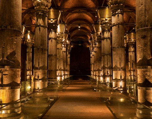 Theodosius Cistern interior with Marmara marble columns in Istanbul.