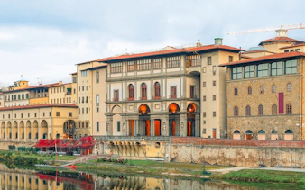 Vasari Corridor over Arno River with Uffizi Gallery entrance in Florence, Italy.