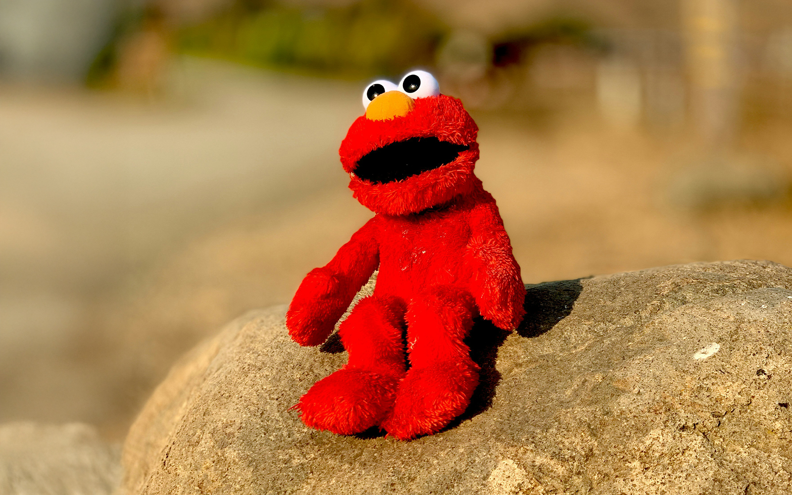 Elmo plush toy sitting on a rock outdoors.