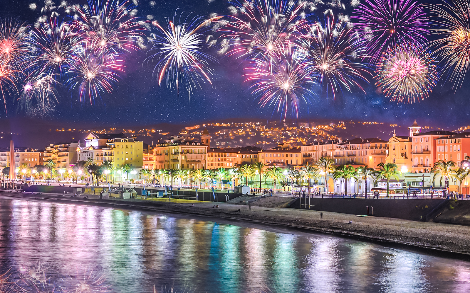 Fireworks over Promenade des Anglais in Nice during New Year celebrations.