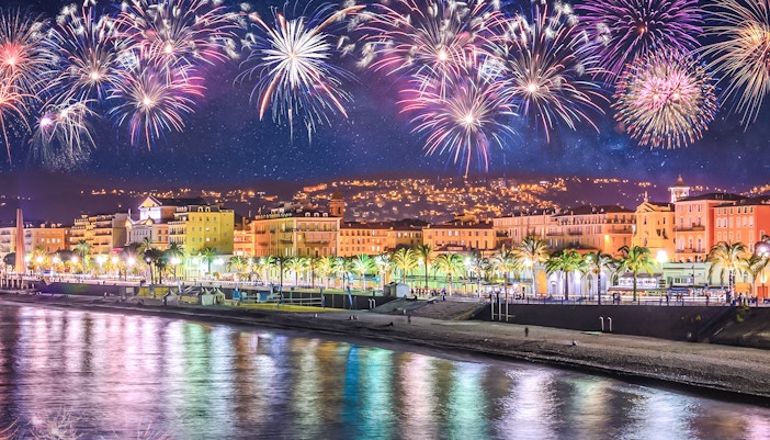 Fireworks over Promenade des Anglais in Nice during New Year celebrations.
