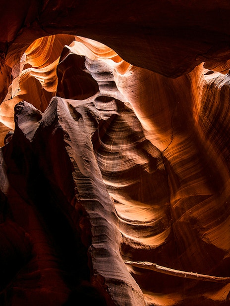 Upper Antelope Canyon sandstone formations with light beams, Arizona.