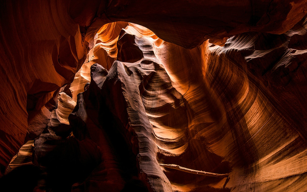 Upper Antelope Canyon sandstone formations with light beams, Arizona.