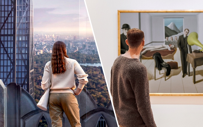 Person viewing New York City skyline from Top of the Rock and art at Museum of Modern Art.