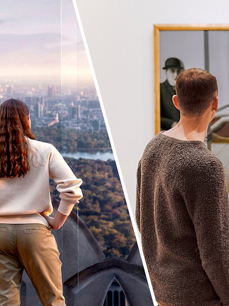 Person viewing New York City skyline from Top of the Rock and art at Museum of Modern Art.