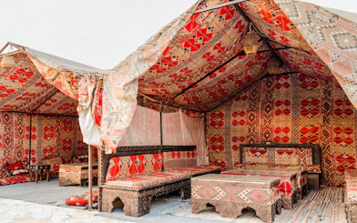 Dinner setup in a traditional tent at Villa Khufu near the Great Pyramid, Egypt.