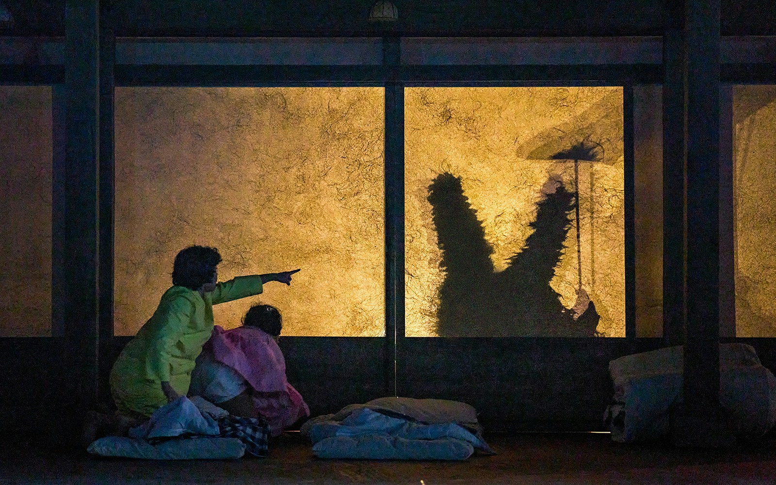 Still from My Neighbour Totoro, the older sister waking up the younger one and pointing to a silhouette on the window of a creature at night, "Mei, Mei, wake up!"