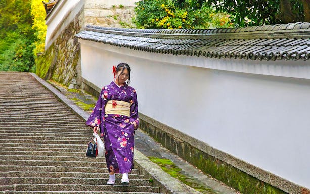 Woman in kimono walking down steps at Kennin-ji Temple, Kyoto.