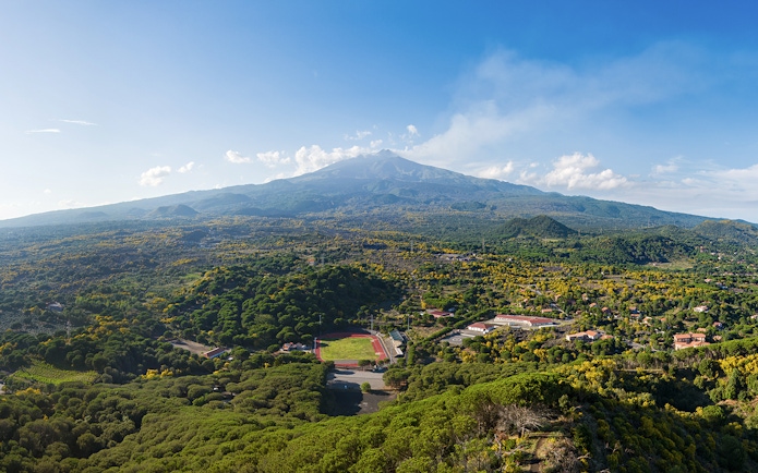 Volcanic craters covered with forest on Mount Etna's slopes, Sicily.