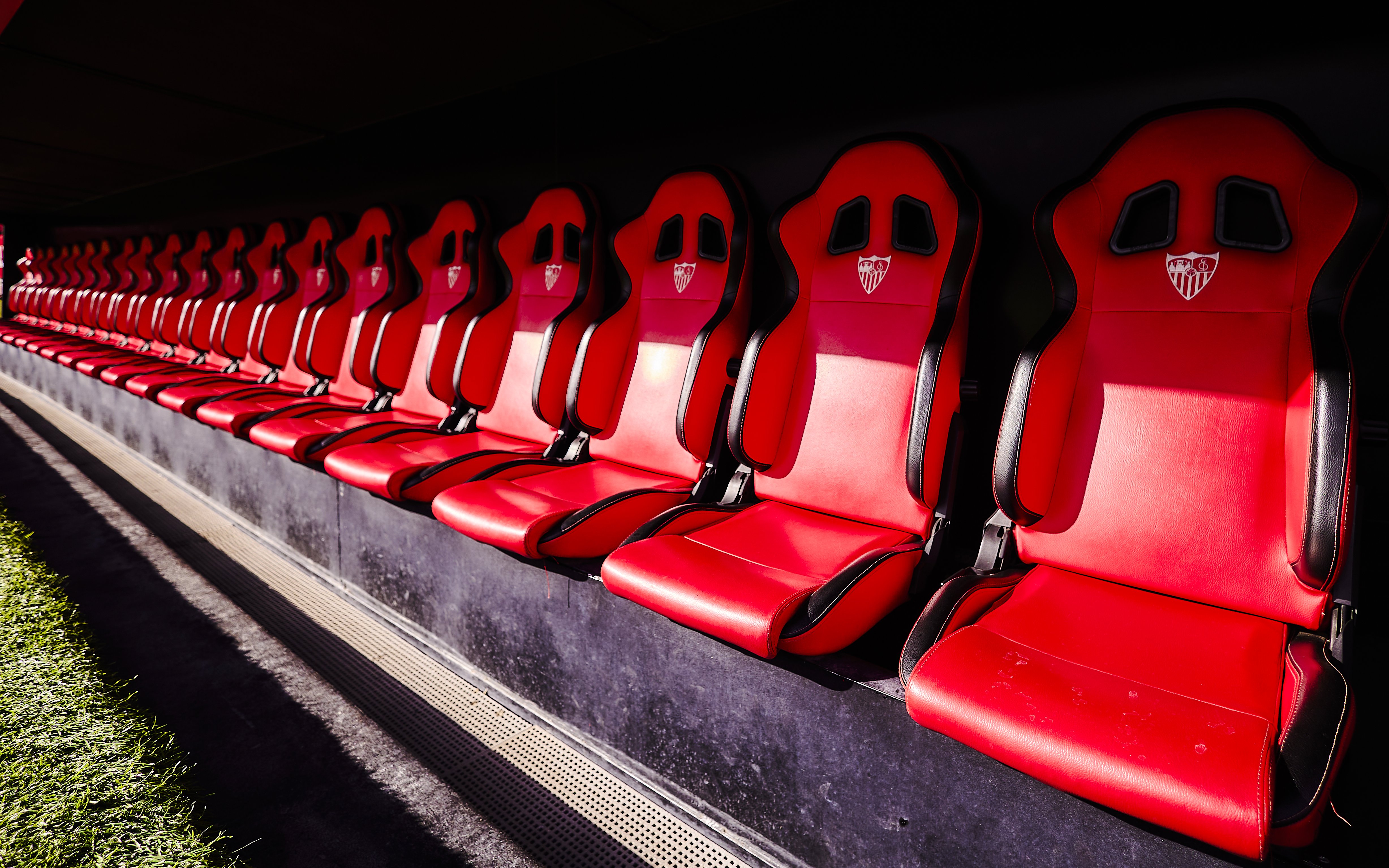 Official player bench at Ramón Sánchez Pizjuán Stadium, home of Sevilla FC, Spain.