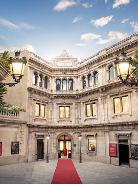 Wax Museum entrance with red carpet in Barcelona, Spain.
