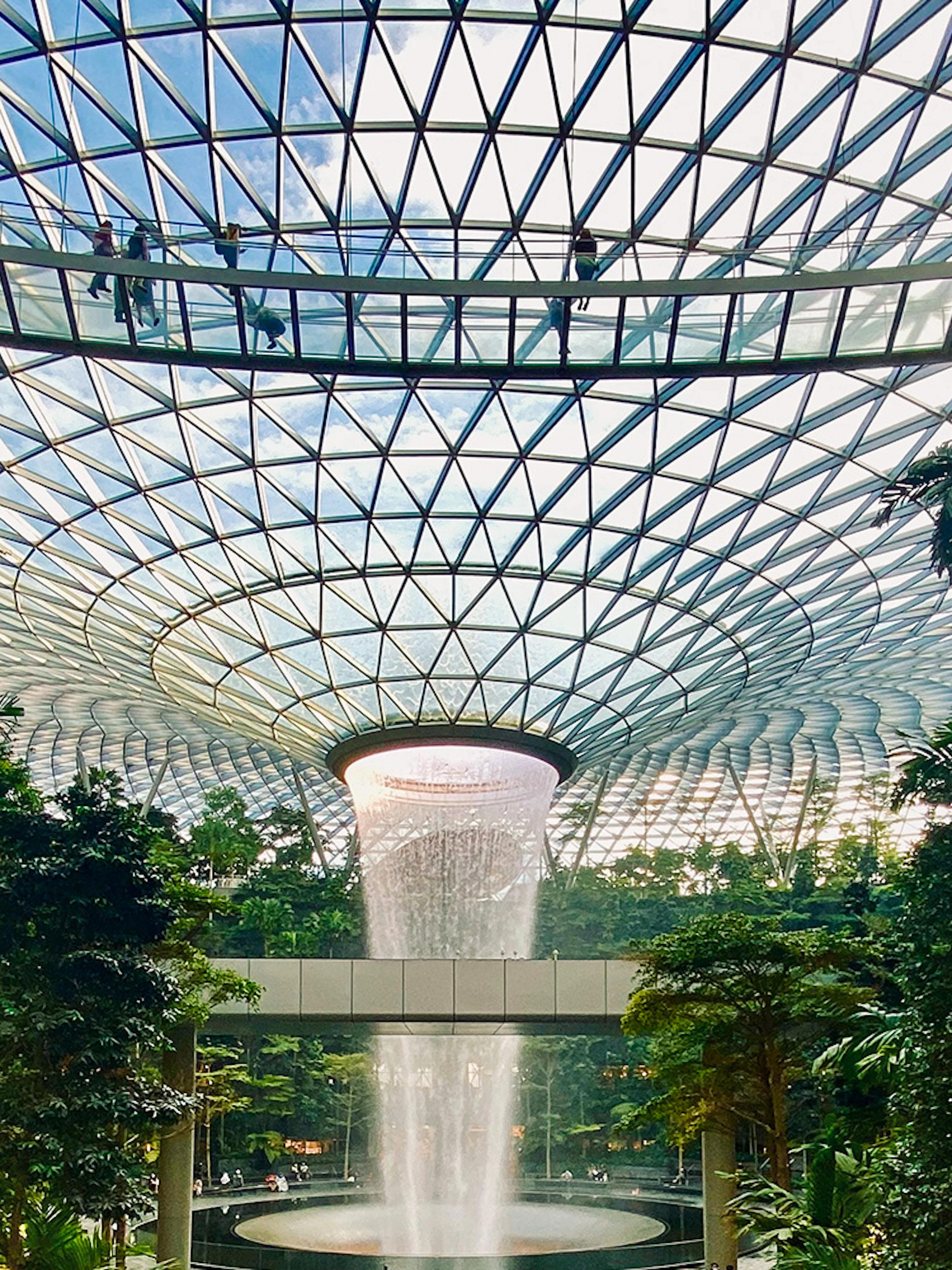 Jewel Changi Canopy Bridge with lush greenery and indoor waterfall.
