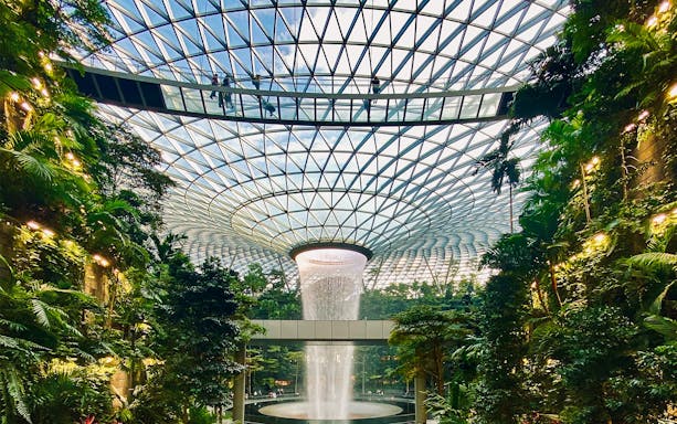 Jewel Changi Canopy Bridge with lush greenery and indoor waterfall.