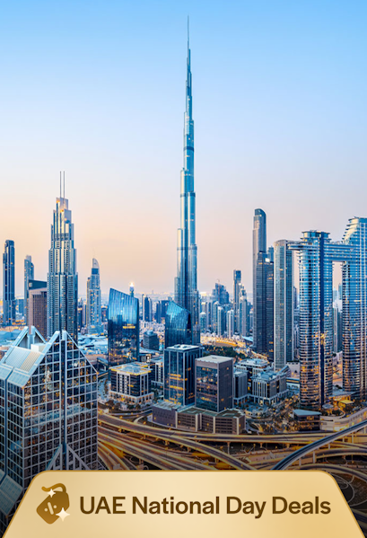 Dubai skyline with Burj Khalifa at sunset.