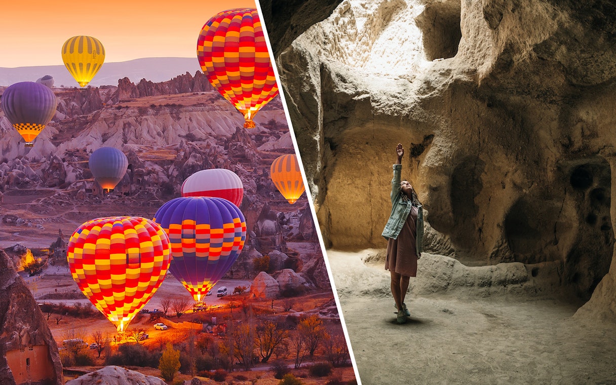 Cappadocia hot air balloons at sunrise and visitor in Derinkuyu Underground City.