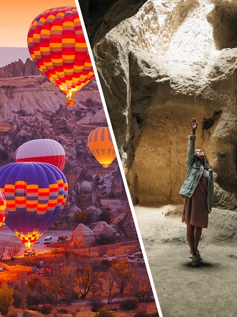 Cappadocia hot air balloons at sunrise and visitor in Derinkuyu Underground City.