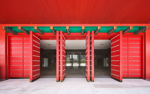 Red entrance doors of Hong Kong Palace Museum.