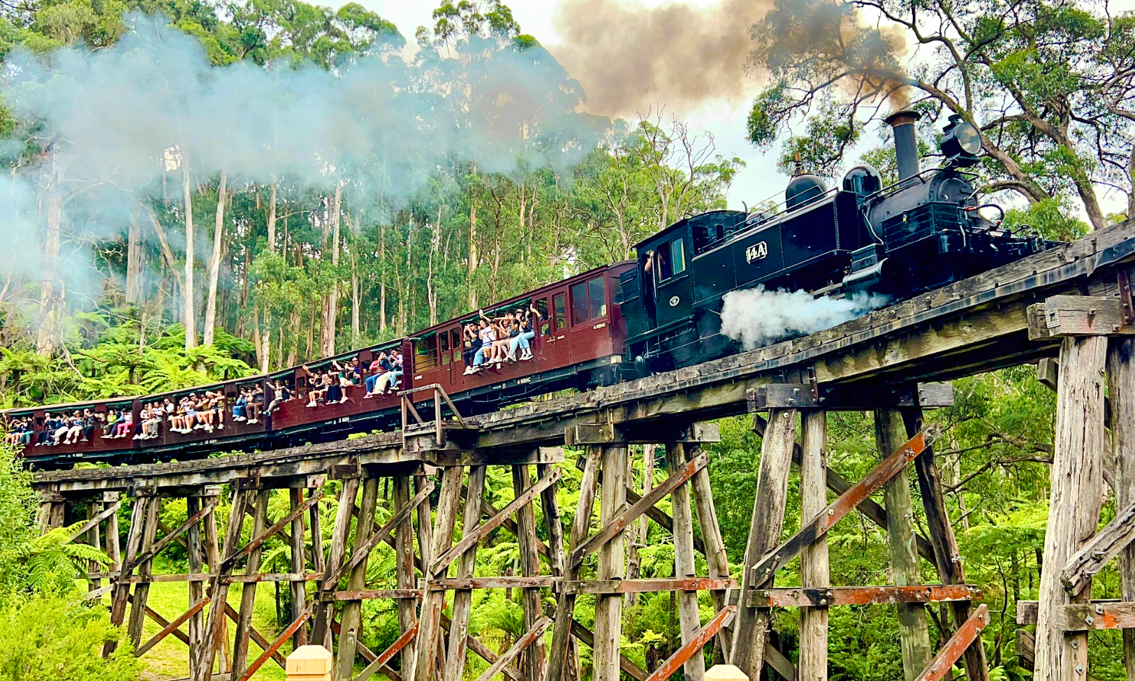 Puffing Billy steam train on a wooden trestle bridge with passengers sitting on carriage sills.