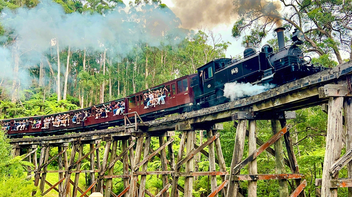 Puffing Billy steam train on a wooden trestle bridge with passengers sitting on carriage sills.