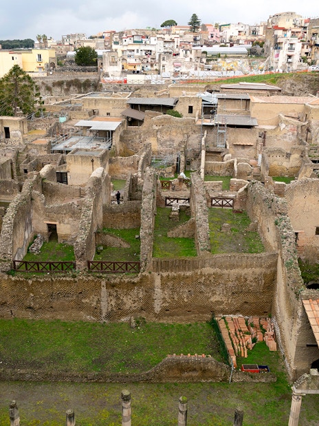 Ancient ruins of Herculaneum in Ercolano, near Naples, showcasing preserved stone structures.