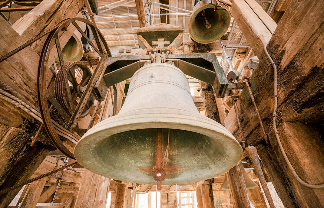 Gothic arches and stained glass windows inside Palma Cathedral, Mallorca.