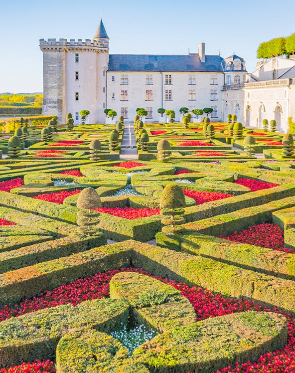 Château de Villandry with intricate formal gardens in Loire Valley, France.