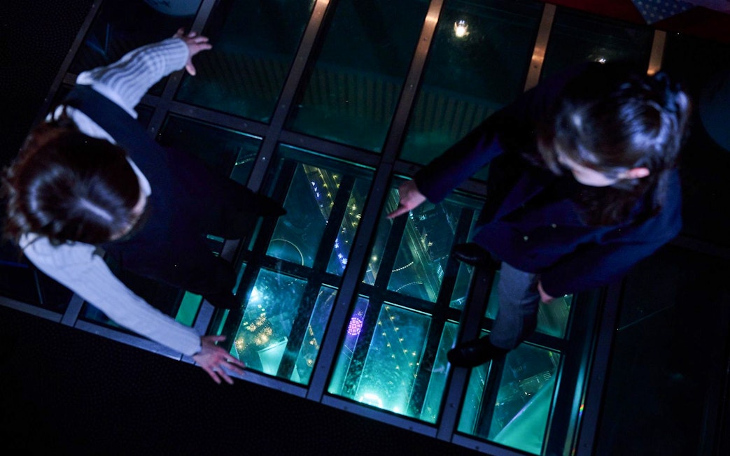 Visitors standing on glass floor at Tembo Deck, night view below.