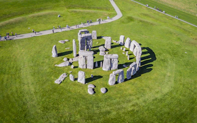 Stonehenge aerial view with tourists on a path, part of a half-day tour from London.