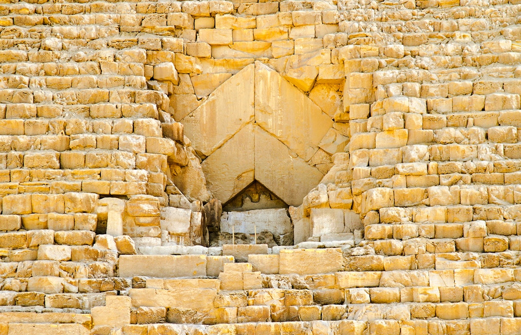 Entrance to the Great Pyramid of Giza, showing ancient stonework.